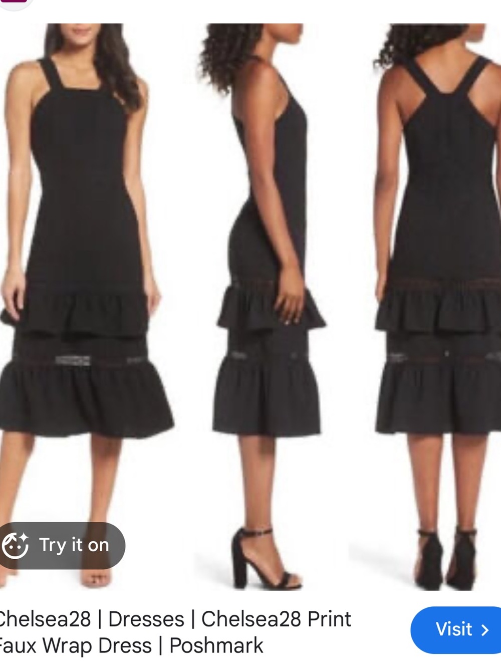 Chelsea 28 Sleeveless Racerback with Tiered Skirt and Lace Trim Black Midi Dress